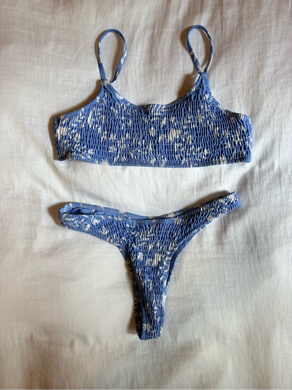 Blue Smocked Floral Bikini Set